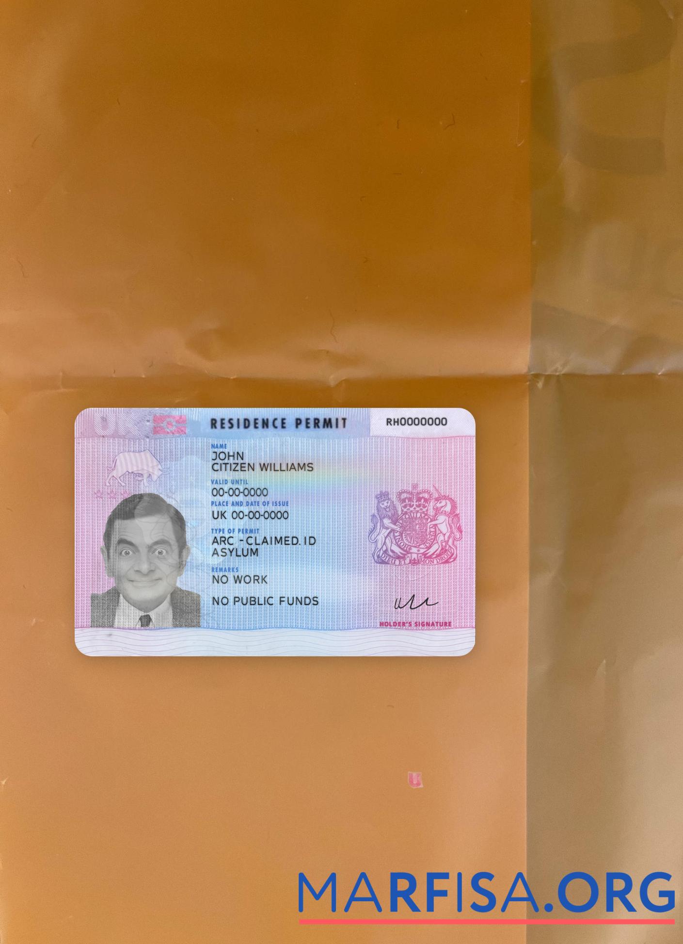 Downloadable United Kingdom residence permit version 2 photolook FRONT download for verification